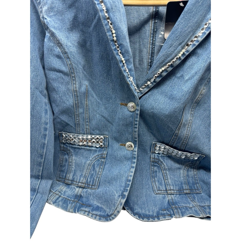 Jeanology Blue Denim Rhinestone Embellished Blazer Jacket cowgirl festival boho - Picture 6 of 10
